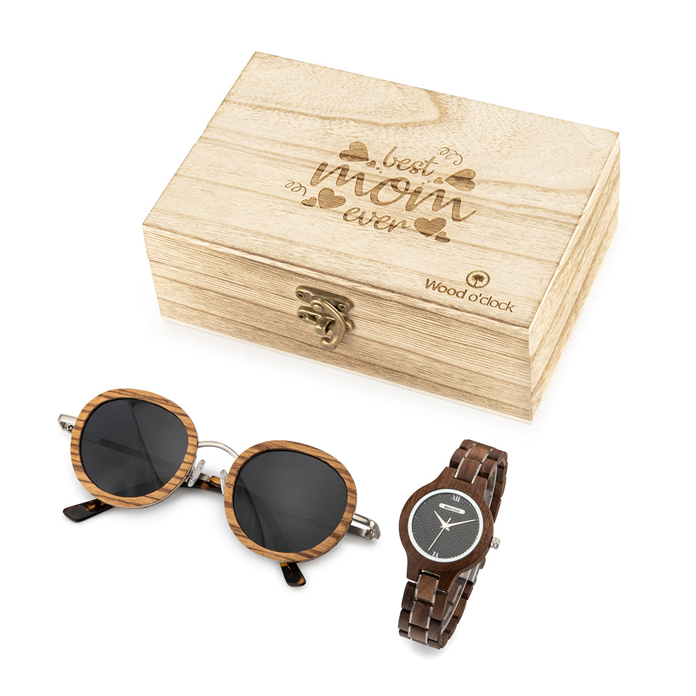 Die Geschenkebox "Best Mom Black Pearl" mit hochwertiger Holzarmbanduhr und dazu passender Holzsonnenbrille